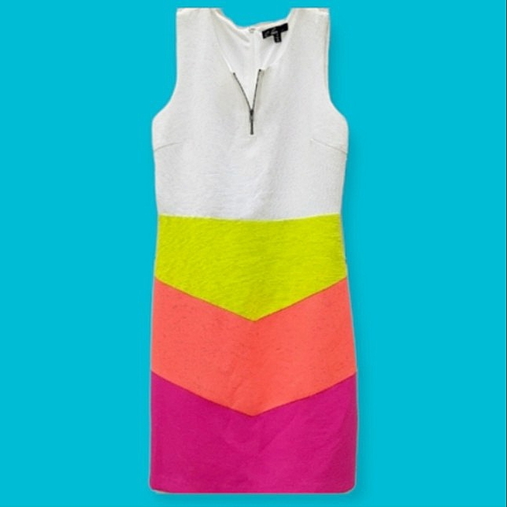 C LUCE V-Neck Colorblock Zip Multicolor Ribbed Sleeveless Dress EUC